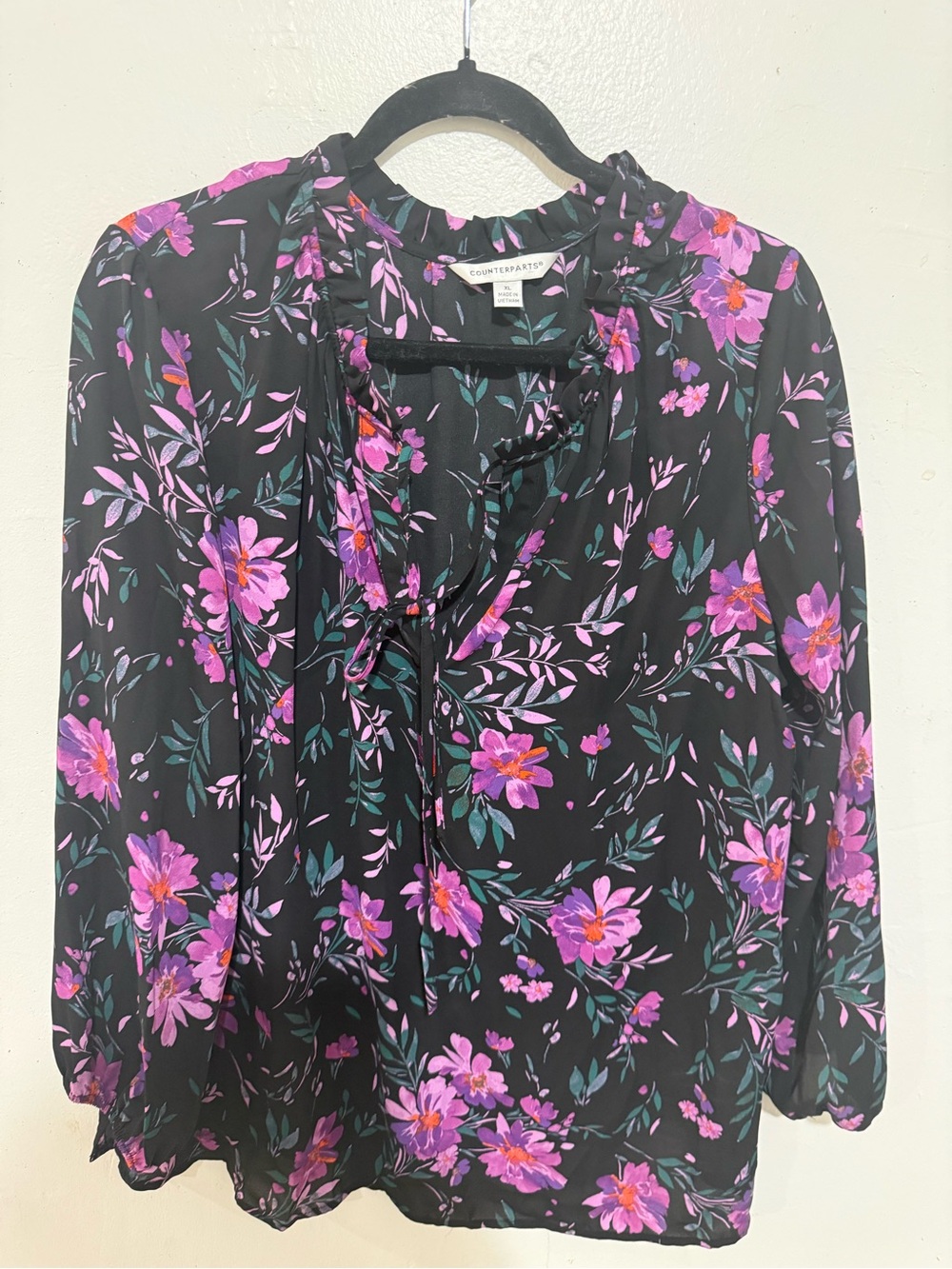 Counterparts Black Floral Tie-Neck Blouse - Purple & Green Floral